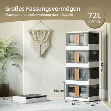 NETEL Storage Box with Lid Large, Stackable Storage Boxes 72L 4 Pack, Plastic Storage Boxes, Transparent Stackable Boxes with Lid, Foldable Storage Box with Door and Wheels