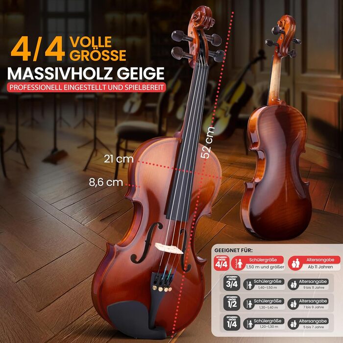 Скрипка Pyle 3/4 з дерева – повний набір для дітей та початківців (скрипка, смычок, футляр, підставка, тюнер, каніфоль, запасні струни)