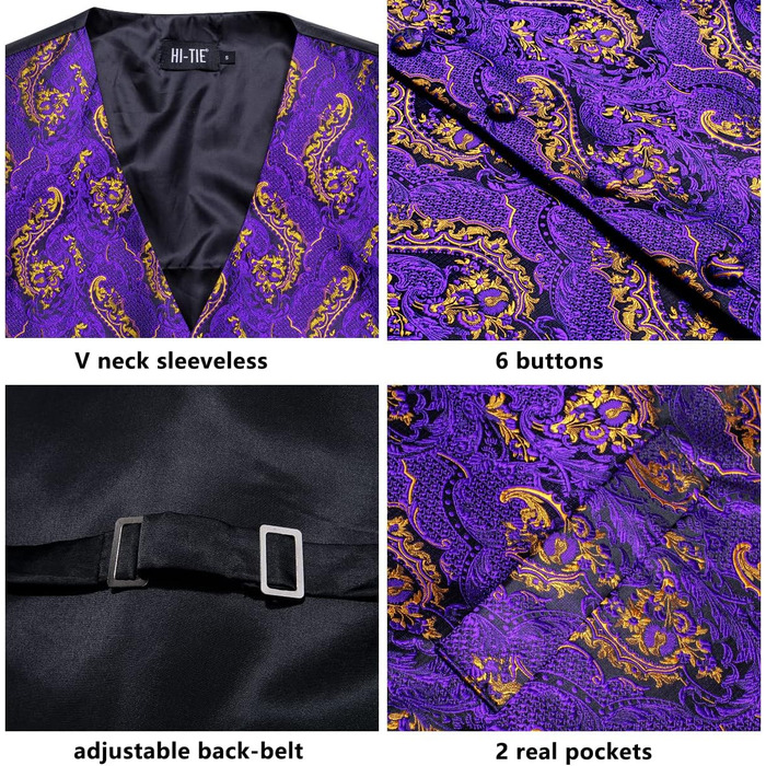 Костюмний жилет з краваткою Hi-Tie для чоловіків. Комплект з краваткою, краваткою-скрепкою та нагрудником. Ідеально для весілля, формальних заходів та смокінгу. Колір: фіолетовий та золотий.