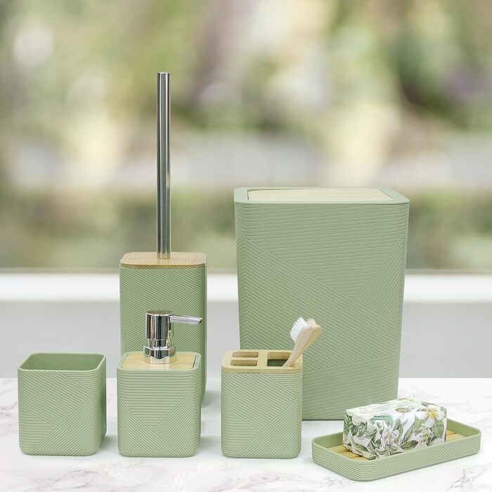 CERBIOR Набір аксесуарів для ванної кімнати, 6 шт., бамбуковий набір для ванної, з дозатором для мила, тримачем для зубних щіток, стаканчиком для зубних щіток, мильничкою для декоративного столу та подарунком для дому (зелений)