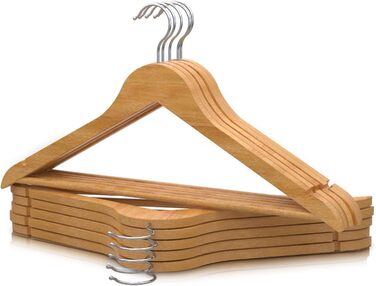 Плечики для одягу Portentum Holz, 10 шт., натуральні кольори - поворотний гачок 360°, борозни для спідниць та блузок, нековзний перекладина для штанів, підходять для костюмів, сорочок, курток