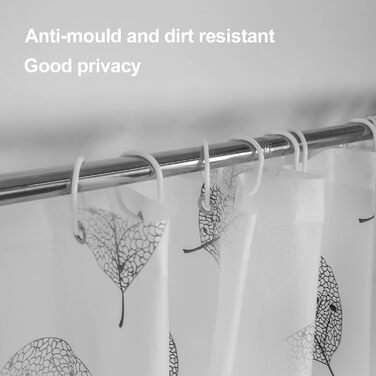 Шторка для душу 180x200 см, біла з листям, антигрибкова, з 12 гачками, для дому, готелю, ванної кімнати
