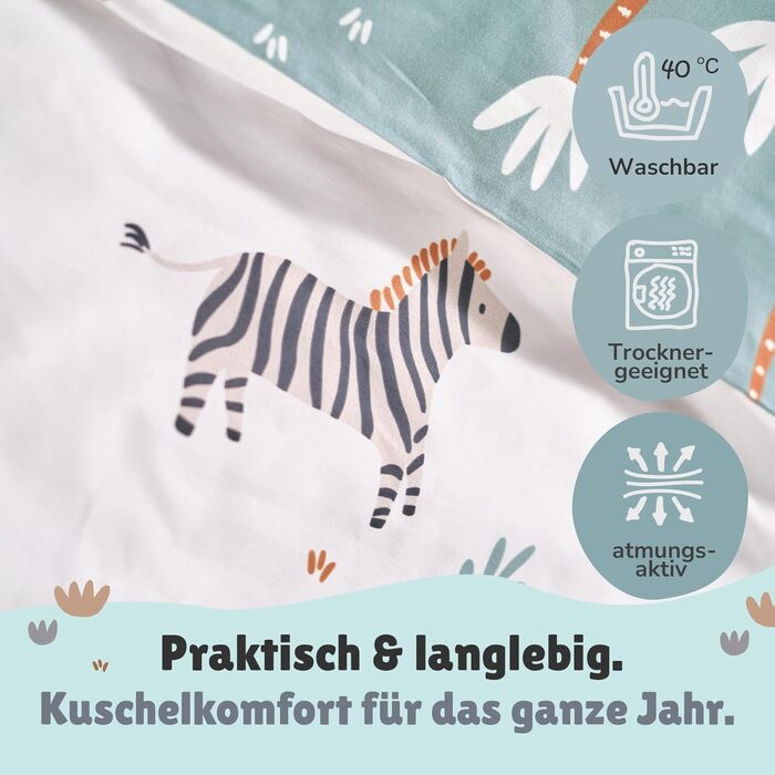 Дитяча постільна білизна комплект (2-частини) з 100% бавовни Oeko-Tex - ковдра 100x135 см та подушка 40x60 см з блискавкою. Дитяча постіль, дихаюча, регулює температуру, Сафарі з тваринами