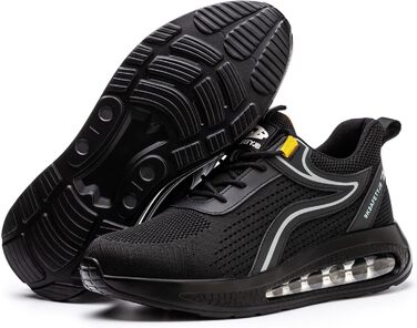 Черевики безпеки робочі чоловічі та жіночі S3, легкі, зі сталевим підноском, неслизькі, дихаючі, спортивні, робочі кеди (39 EU, чорний сріблястий)