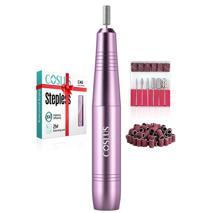 Електричний фрезер для нігтів Coslus: 20000 об/хв, регулювання швидкості та напрямку, манікюр та педикюр, набір для шліфування гелю та акрилу (фіолетовий)
