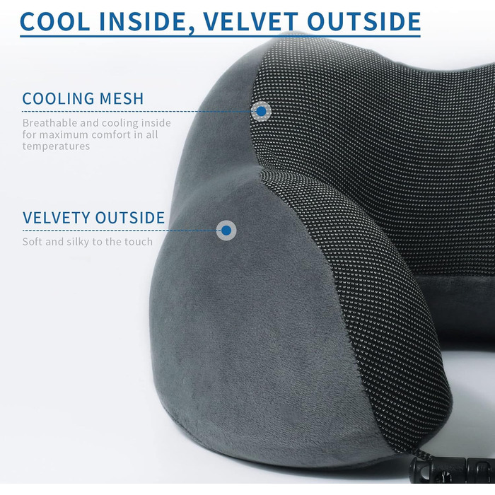 Подушка для шиї у літак - Подушка для подорожей Memory Foam - Подушка-вишенка для дорослих - з 3D-маскою для сну та навушниками - ідеальна для літака, авто, дому, офісу, сіра