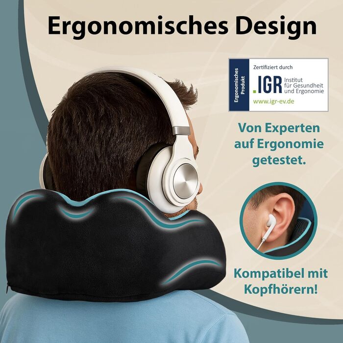 Подушка для шиї FLOWZOOM Dream Pro з додатковою бічною підтримкою та регульованим кріпленням на липучці - подушка для подорожей у літак з піною з пам'яті - з чохлом та подарунковою упаковкою - Чорний