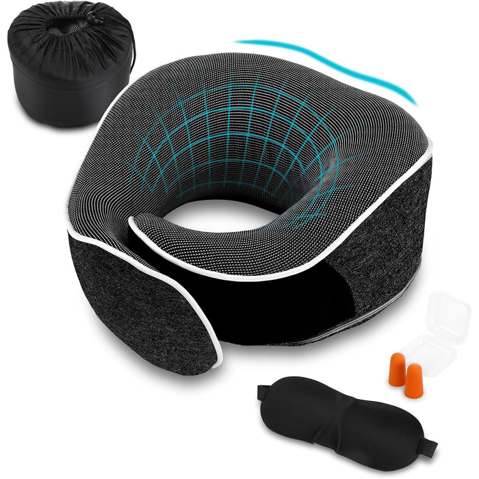 Подушка для шиї з піною Memory Foam, комплект з маскою для очей, навушниками та чохлом, ергономічна, для подорожей (темно-сіра)