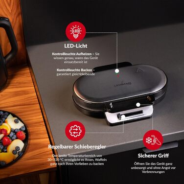 Вафельниця LEHMANN Doppel Waffeleisen Herzform - для випікання 10 вафель у формі серця, з антипригарним покриттям, регулюванням температури, індикатором нагріву, 1200W, чорний/срібний