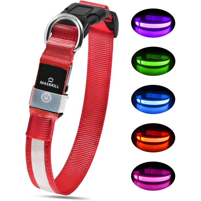Світловідбиваючий нашийник для собак MABRILL з LED-підсвічуванням, перезаряджається, водонепроникний, для малих, середніх та великих собак, 3 режими світла, червоний (L)