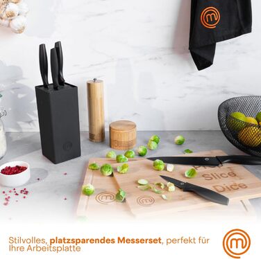 MasterChef 5-Piece Knife Block Set - Stainless Steel Chef's, Santoku, Bread, Utility & Vegetable Knives with Soft-Touch Grips