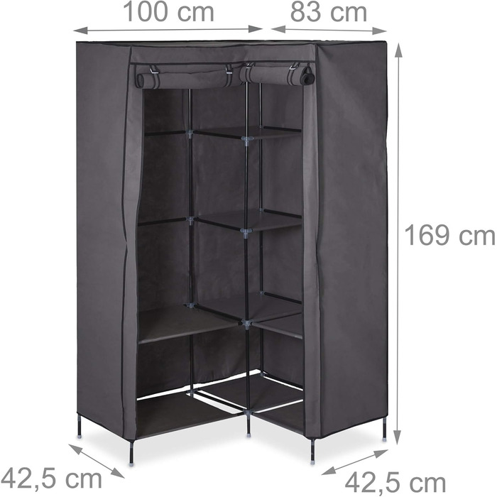 Relaxdays Corner Wardrobe, 3rd Generation, 8 Shelves, 2 Clothes Rails, Plug-in System, 2 Doors, WHD: 169x100x83 cm, white (Anthracite)