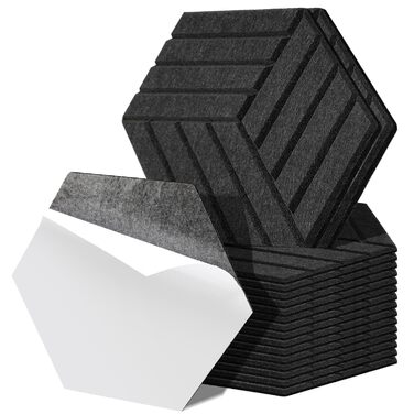 Акустичні гексагональні панелі Fiqops самоклеючі, звукопоглинаючі шестикутні плити для стін (чорні, 30x26x0.9 см), 18 шт — для студії та дому