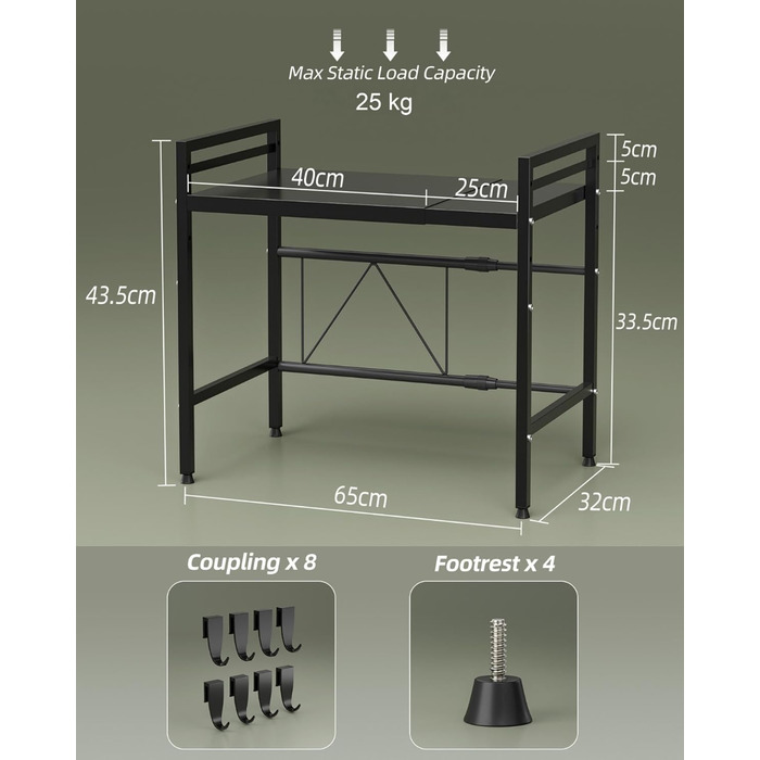 Підставка для мікрохвильової печі NETEL 3-ярусна, розширювана, з 8 гачками, чорна