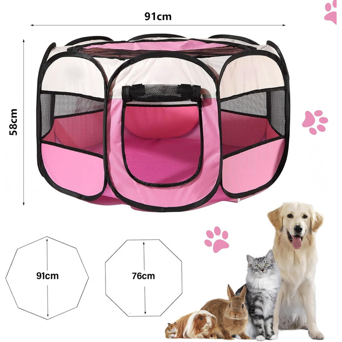 Клітка-загін для собак та котів, портативна огорожа для тварин, 91x91x58 см, рожева