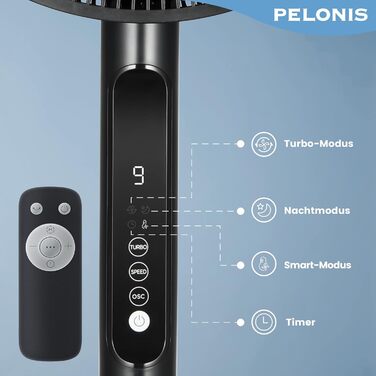 Турбовентилятор PELONIS з пульт дистанційного керування, дисплеєм, 3D циркуляцією, 36.5dB, 10м повітряний потік, регульована висота 60/111см, 4 режими з таймером, знімний захист, поворотний, 76см, оранжевий