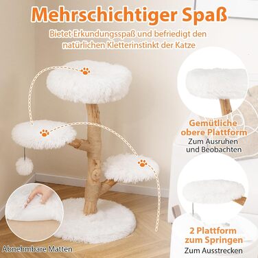 Дерев'яна кігтеточка для котів Costway 90 см з 3 м'якими лежаками, мотузкою та кігтеточкою з джуту, 4-ярусна, білий + натуральний колір