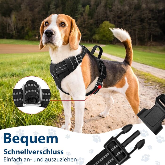 Шлейка для собак середніх розмірів Funfox, анти-тяга, з ручкою та світловідбиваючими смугами, не тягне, чорна, розмір L