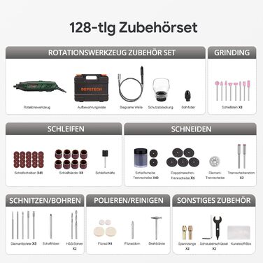 200W Multifunction Tool, Rotary Tool with 6 Variable Speed Settings 10000–40000 RPM, Multitool Set with 128 Accessory Set for Engraving, Drilling, Cutting, Grinding, Carving, Polishing, Sharpening