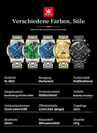 Чоловічий механічний годинник OLEVS 6692 з автопідзаводом: золотистий корпус, чорний циферблат та ремінець, фаза місяця, водонепроникний, люкс бізнес-стиль