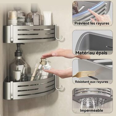 Поличка для душу без свердління - органайзер для ванної кімнати. Етажерка для душу та ванни з 4 гачками. Міцна алюмінієва поличка, водонепроникна з високим бортиком (Сірий)