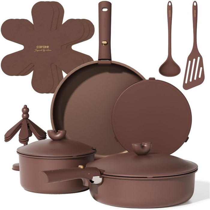 Набір посуду CAROTE 17 предметів: каструлі та сковороди з антипригарним покриттям, знімні ручки, сумісний з індукцією, для духовки та посудомийної машини