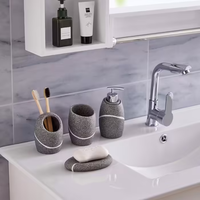 ZCCZ Bathroom Set – 4-Piece Organizer Set with Toothbrush Holder, Soap Dispenser, Cosmetic Tray, and Cotton Swab Holder – Elegant Stone-Look Decoration for Modern Bathrooms (Gray)