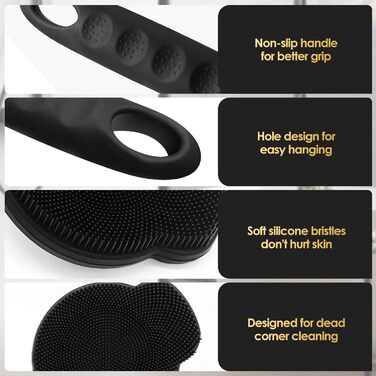 Силіконовий скребок для тіла під душ з довгим ручним держаком, двосторонній скребок для душу для пілінгу та масажу, створює багату піну, скребок для спини з довгим ручним держаком для чоловіків (Carbon Black)
