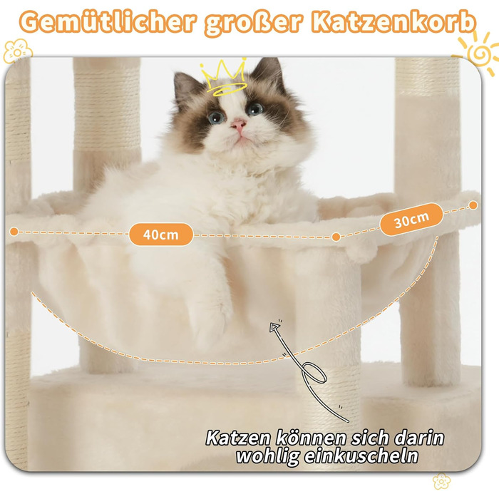 Котячий будиночок Heybly HCT008SW (Бежевий): міцний котячий будиночок з великим м'яким кошиком, стійкими сизалевими стовпчиками та місцем для сну