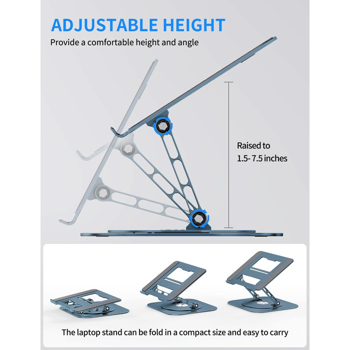 Adjustable Laptop Stand with 360° Swivel Base - Stable Ergonomic Foldable Laptop Riser for Desk - Compatible with MacBook Pro/Air & Notebooks up to 16 inches (Navy Blue)