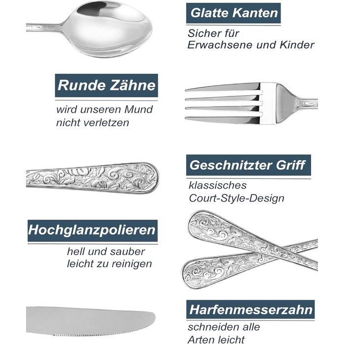 Набір столових приборів Vintage з різьбленням на 6 осіб, нержавіюча сталь, сріблястий (24 предмети) - ложки, виделки, ножі для дому та кухні, поліровані