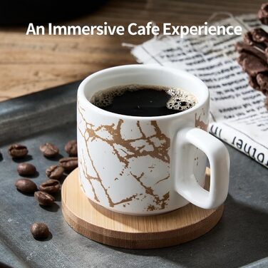 Набір порцелянових еспресо-чашок з блюдцями та металевою підставкою LUKA (4 шт.), 118 мл, мармуровий білий