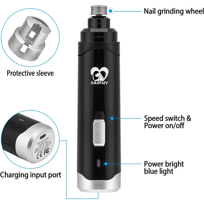 Електричний точилка для кігтів собак Casfuy - професійний, 2 швидкості, акумуляторний, для собак та котів, чорний