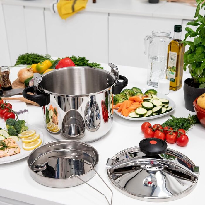 Швидковарка KITCHEN MOVE 8 л, Ø24 см, нержавійка/чорний, для всіх плит, індукція, з кошиком і тримачем