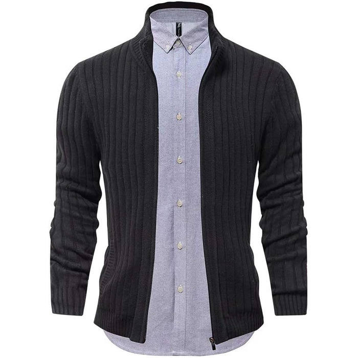 Чоловічий кардиган AOLI RAY з блискавкою та стоячим коміром: стильний пуловер з тонкої в'язки та двома кишенями (чорний)