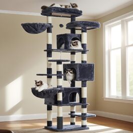 Багатоярусний котячий комплекс Hey-brother Kratzbaum 188 см з 2 платформами, 3 печерами, 2 кошиками, плюшевими кульками та сизалевим покриттям, сірий (MPJ035-MG)