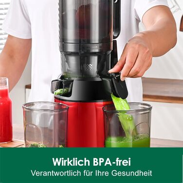 Fretta Slow Juicer with 135mm Opening, Juicer for Vegetables and Fruit Test Winner, 250W Breastfeeding Juicer with Cold Press, Easy Cleaning & Powerful Motor, BPA-free (Red, 1.8L) 1.8L Red