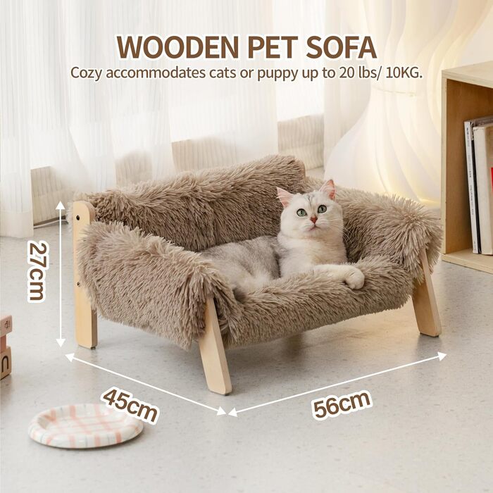 MEWOOFUN Elevated Cat Bed Sofa made of Wood, 56x45cm Sturdy Large Cat Sofa – Fashionable Cat Stool with Removable Mattress Cover. Holds up to 10 kg (Light Brown, 56x45cm)