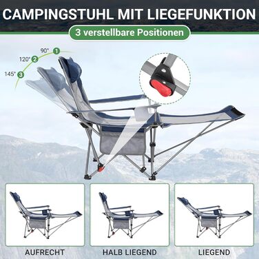 Кемпінговий стілець-шезлонг Wejoy 2-в-1, розкладний, з регульованою спинкою та підставкою для ніг, підсклянником, для відпочинку на пляжі, риболовлі, кемпінгу (Navy/Grey)