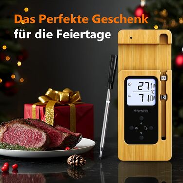 Бездротовий термометр для м'яса AIRMSEN з LCD-дисплеєм, Bluetooth, водонепроникний IPX8, керамічна ручка, додаток для керування, для гриля, духовки та барбекю