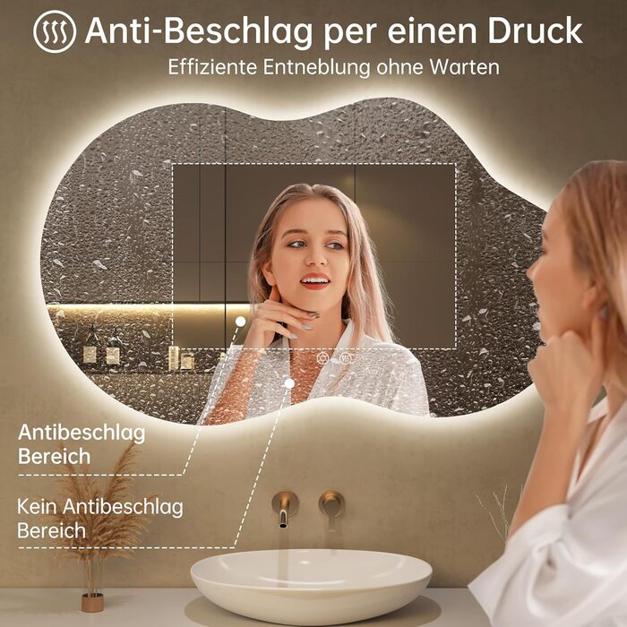 Дзеркало для ванної кімнати з підсвічуванням, без рами, 50x75 см, арочне, антизапар, сенсорний вимикач, регульована яскравість, 3 кольори світла