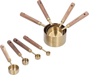 KOSDFOGE 8-Piece Stainless Steel Measuring Cup Set with Wooden Handle, Bartending Scale, Measuring Spoons, Baking Tool