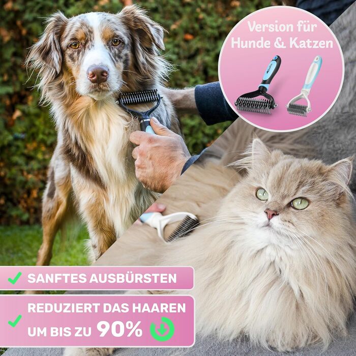 Щітка для собак та котів з довгим хутром BluePet, видаляє підшерстя та ковтуни, захист верхнього шару, рожева