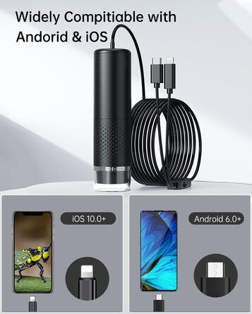 USB мікроскоп для смартфона, 1080P HD, 10-200x, з LED підсвічуванням, сумісний з iOS, Android, Tablet
