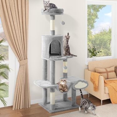 Кігтеточка YITAHOME XXL для котів, 142 см, сіра, з 8 стовпчиків сизалю, 3 платформи, 2 печери, гамак, іграшки, кігтешкребок, кріплення для лазіння