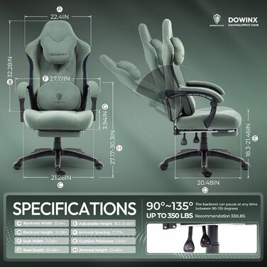 Ігровий крісло Dowinx з підігрівом та масажем попереку, з кишенею, подушкою та підніжкою, 150 кг, зелений