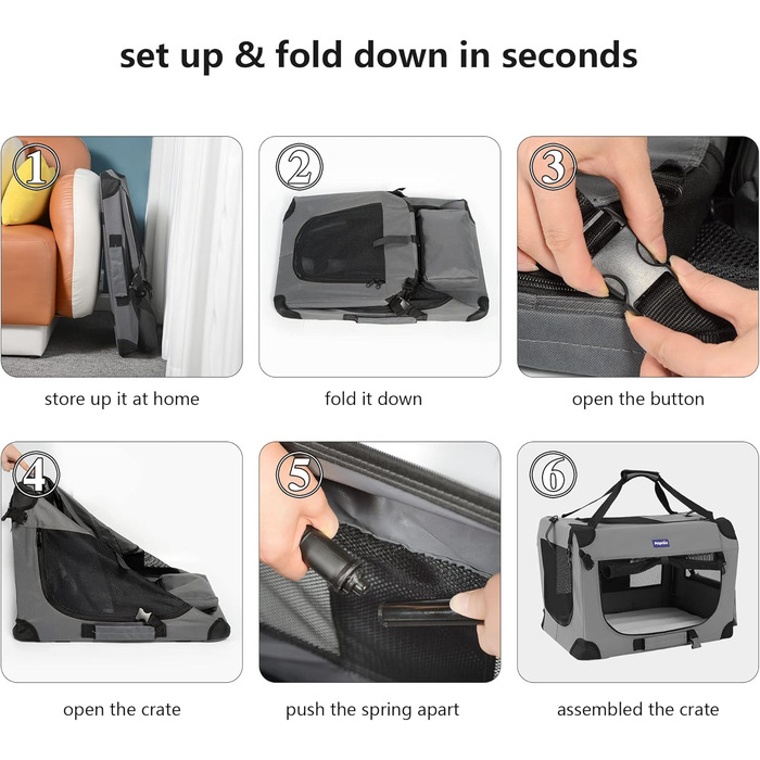 Транспортний бокс для тварин Petprsco з м'якими стінками, 3-дверний, складаний, з ременями, 60x42x42 см, сірий