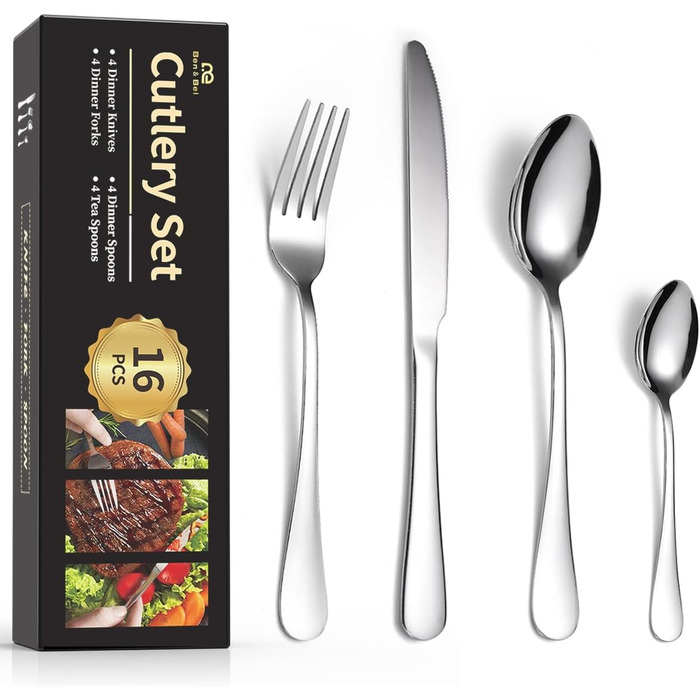 Набір столових приборів Ben & Bel на 6 осіб (24 шт.) з нержавіючої сталі: ножі, виделки, ложки. Подарункова коробка, легкий догляд, підходить для миття в посудомийній машині.