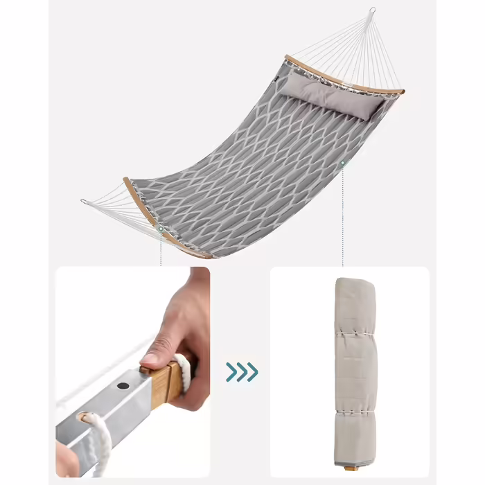 SONGMICS Hammock, Padded, Quilted, with Detachable Curved Bamboo Poles, with Headrest, 200 x 140 cm, Supports up to 225 kg, Gray and Beige Diamond Pattern GDC034G02