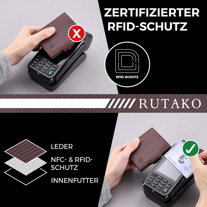RUTAKO Slim Wallet with XL Coin Pocket & RFID Protection - Card Holder for Men & Women - Small Credit Card Wallet - Mini Purse - Small Portmonee/Portemonnaie - Wallet Carbon Brown